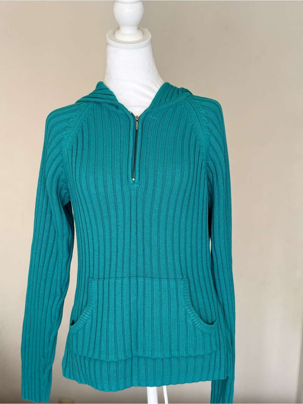 Teal Ribbed Half-Zip Hooded Sweater - Women